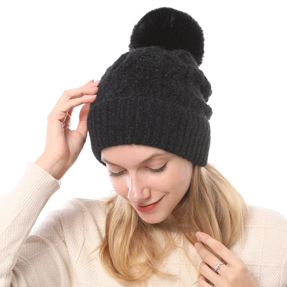 OMEA, норковая кашемировая шапка для женщин, помпон, зимняя модная шапка, бархат шениль, мягкая вязаная шапка из жаккардовой шерсти, шапка из ангоры для девочек - Цвет: black