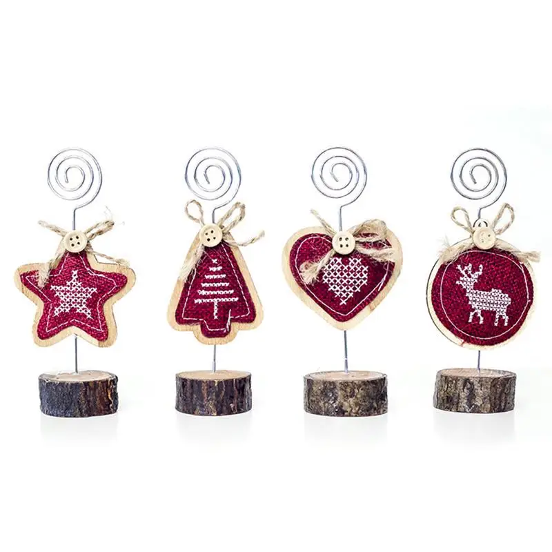 

4PCS Christmas Cute Table Card Holder Cartoon Decor Wood Base Photo Clip Holder for Christmas