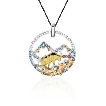 

GEM'S BALLET 925 sterling Silver Golden Yak Pendant Necklace For Women 1.15Ct Natural Citrine Tibet Snow Mountain Fine Jewelry