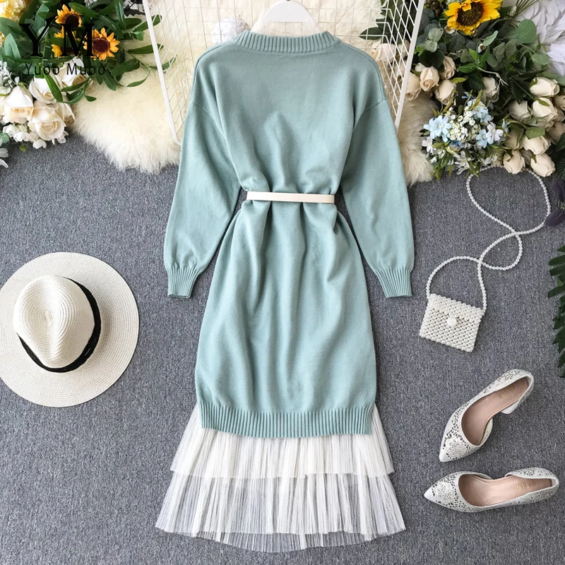 Billige YuooMuoo Elegante Marke Stil Zwei Stück Set Frauen Kleid 2019 Herbst Winter Gestrickte Lange Spitze Kleid Langarm Perlen Party kleid