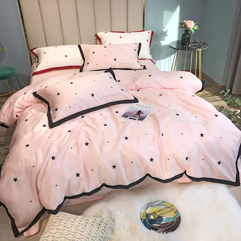 

ANNAs Good Stuff Super Good Quality Pink Bedding Set Girls lovely Star Pillowcase Tencel 60 Two-sided Ice Silk Sheet Quilt Cover