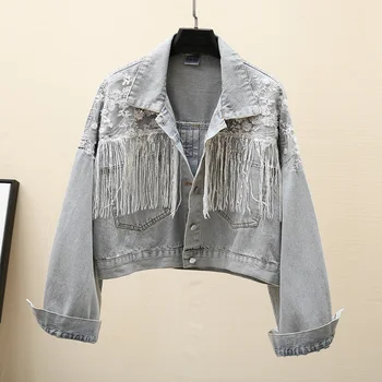 

Loose Vintage Embroidery Beaded Tassel Light blue Women 2020 Autumn Short Denim jacket Ropa para mujer Casual Street Jean jacket