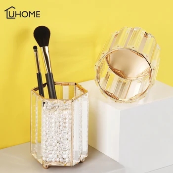 

Luxury Geometric Glass Makeup Brush Holder Transparent Organizer Case Desktop Decoration Cosmetic Storage Box Display Pen Holder