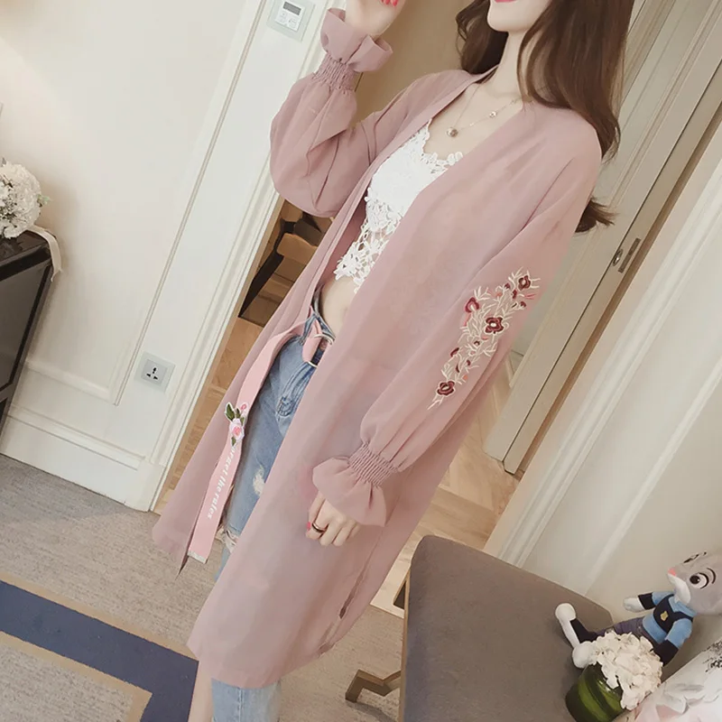 

Female Summer Chiffon Cardigan Long Sunscreen Windbreaker Air Conditioner Women's Trench S-3XL