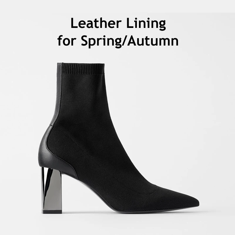 Black Leather Г., черные узкие эластичные вязаные сапоги-Носки женская зимняя обувь с острым носком на высоком каблуке женские ботильоны из натуральной кожи - Цвет: Black Leather