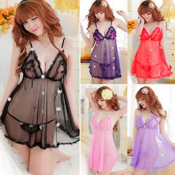 

Hot Transparent Sexy Lingerie Set Erotic Dress+G-string Women Lace Flower Bowknot Deep V-neck Sleepwear Underwear Babydoll