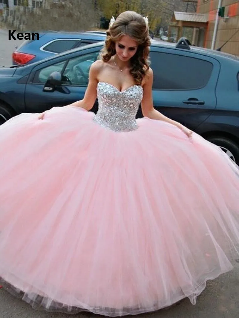 Pink Quinceanera Dresses Strapless Sequin Crystal Bead Tulle Sweet 16 Dresses Graduation Gown Vestidos Ball Gown Evening Dress - Цвет: same as the photo