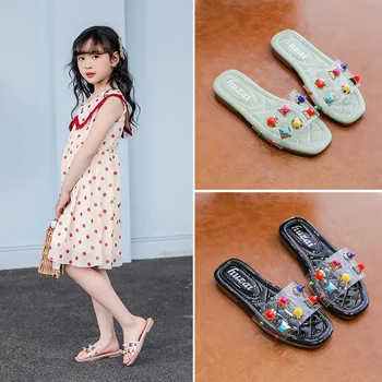 

Summer Girl Slippers for Children Fashion Clear Kids Girl Slides 2020 New Rivets Leisure Outdoor Children House Shoes D04182