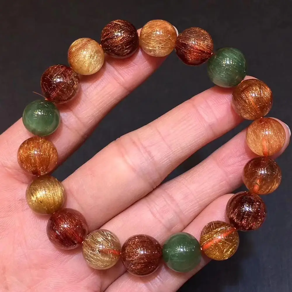 

11.6mm Certificate Natural Colorful Rutilated Quartz Copper Gold Red Green Cat Eye Bracelet Women Men Crystal Round Beads AAAAA