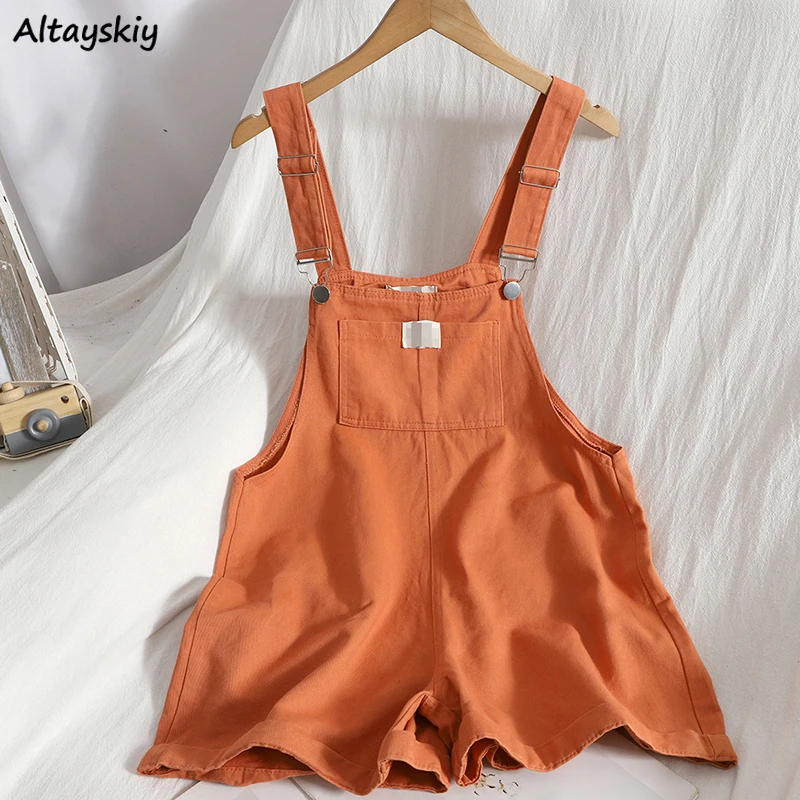 

Sweet Rompers Women Summer Loose Causal Straight Trousers Students Front Pockets Playsuits Mujer Overalls Cuffs Fashion Simple