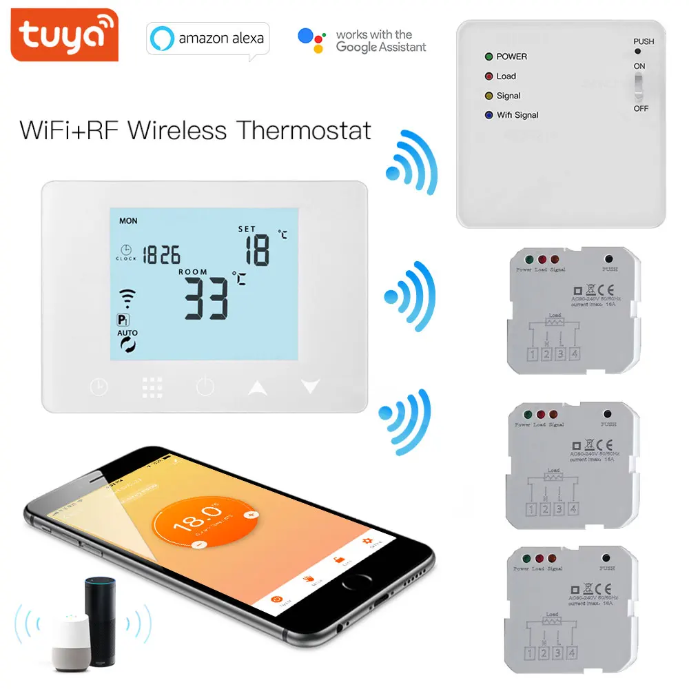  Tuya - Termostato inalámbrico para caldera de gas con WiFi, RF,  controlador de temperatura para calefacción de piso para el hogar, funciona  con Smart Life Google Home Alexa (color blanco T9N) 