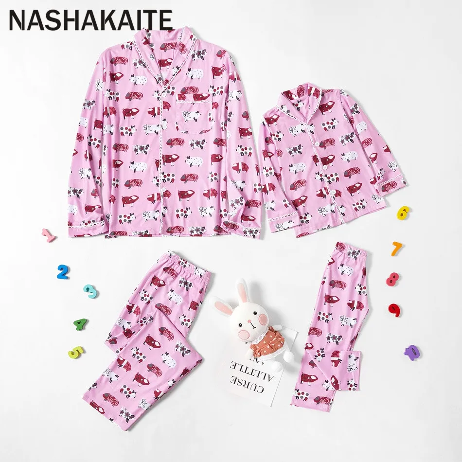 Pig Pattern NASHAKAITE/пижамы «Мама и я»; милый пижамный комплект с треугольным вырезом с рисунком свиньи, лошади, динозавра; одежда для мамы и дочки - Цвет: Pig Pattern