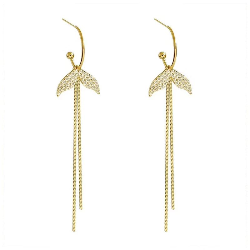 S925 silver needle simple temperament micro inlaid with fish tail long tassel earrings | Украшения и аксессуары