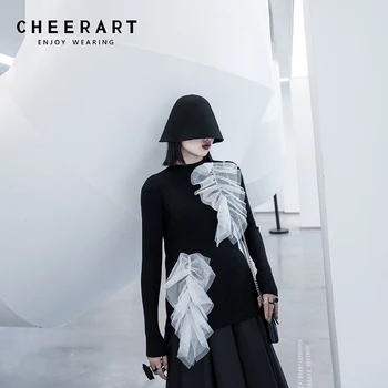 

CHEERART 2020 Runway Sweater Women Patchwork Mesh Black Pullover Ribbed Sweater Top Turtleneck Designer Sweater