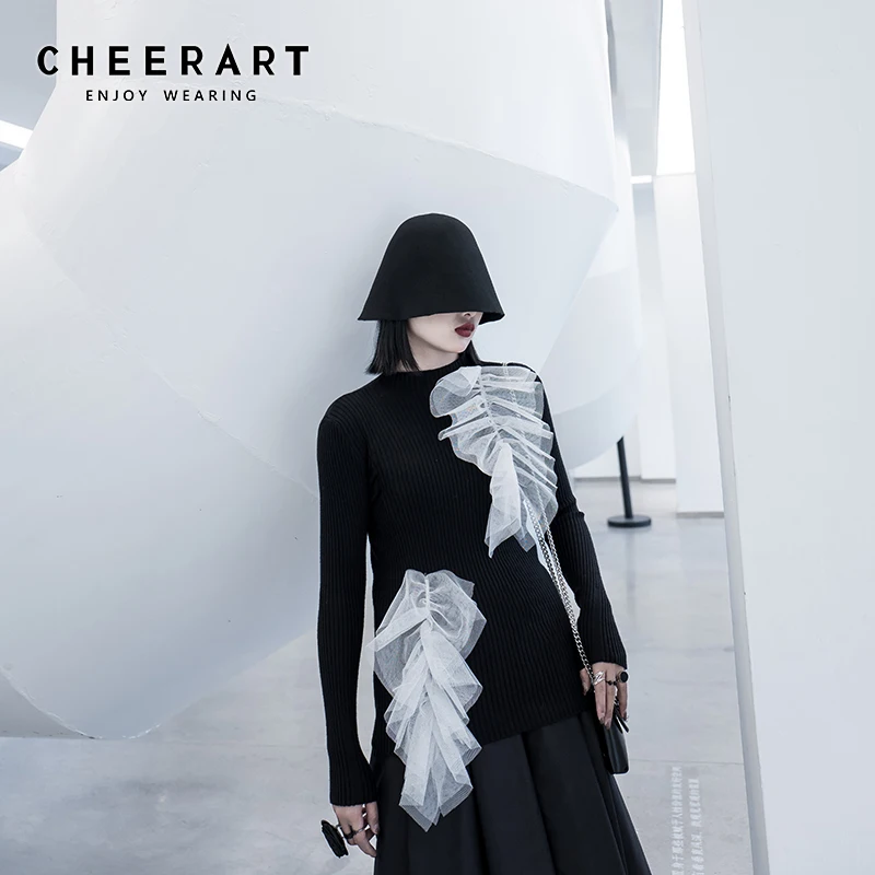 Женский трикотажный свитер CHEERART черный в рубчик водолазка дизайнерский 2020 |