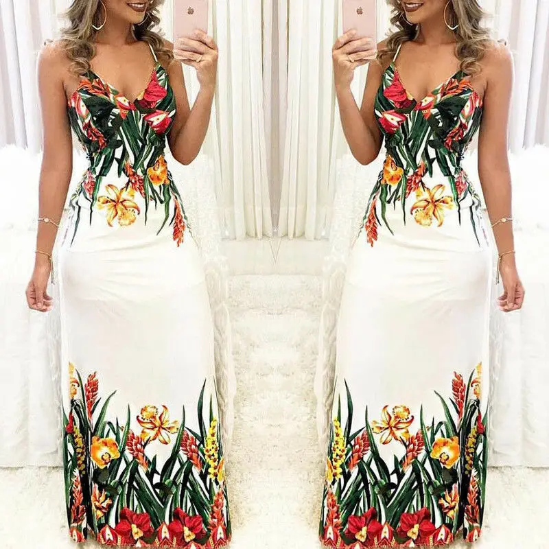 

Summer Women Lady Sexy Sleeveless Strap Deep V-neck Long Maxi Floral Printed Evening Party Elegant Dress Sundress Female 2020