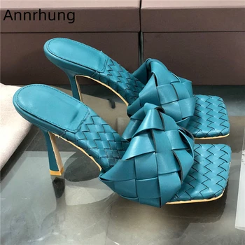 

Spring 2020 New Design Square Toe Slippers Women Thin Heel Open Toe Genuine Leather Big Plaited Runway Shoes Woman