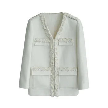 

Elegant Wool Coat Women 2020 Autumn Winter Ladies Coats V-Neck Covered Buttons Tassel Edged Loose Long Wool Coat Tweed Jacket