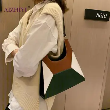 

Women Fashion Patchwork Wide Handbag Female Casual Splicing Color Shoulder PU Leather Shopping Bag Shopping Totes