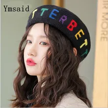 New Winter Women's French Style Letter Wool Knitted Beret Hats Women Fashion Warm Painter Berets Hat Female Beanies Cap