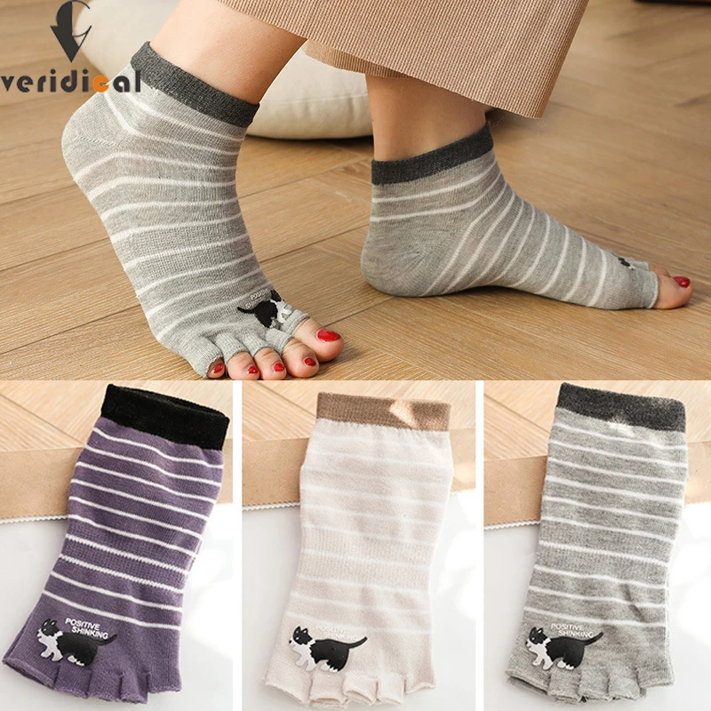 Spring Autumn Five Finger Socks Women Girl Cute Cat Printing Open Toes Striped Weave Boneless Ankle No Show Socks EU 35-39 ankle socks women