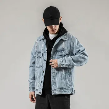 

Top Quality Spring Jeans Jacket Men Fashion 2020 New Loose Hole Design Mens Casual Jackets All Match Turn Down Collar Denim Coat