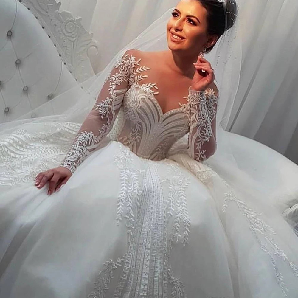 Long Sleeve Wedding Dress 2022 Elegant Vestidos De Noiva Custom Long Sleeve Robe de mariée Ball Gown Lace свадебное платье reception dress for bride