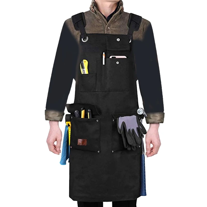 Women Men Professional Canvas Adjustable Work Apron with Tools Utility Pockets Cross-Back Straps for Chef Kitchen Cooking BBQ waterproof tool bag