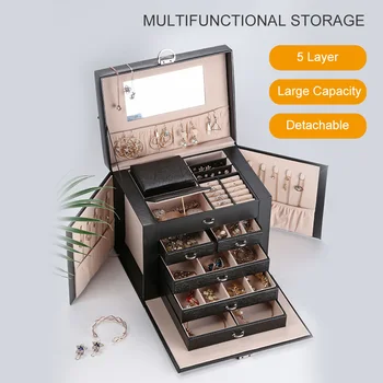

Multifunctional Jewelry Box Storage Organizer with Mirror 5 Layer Removeable Leather Jewel Display Case