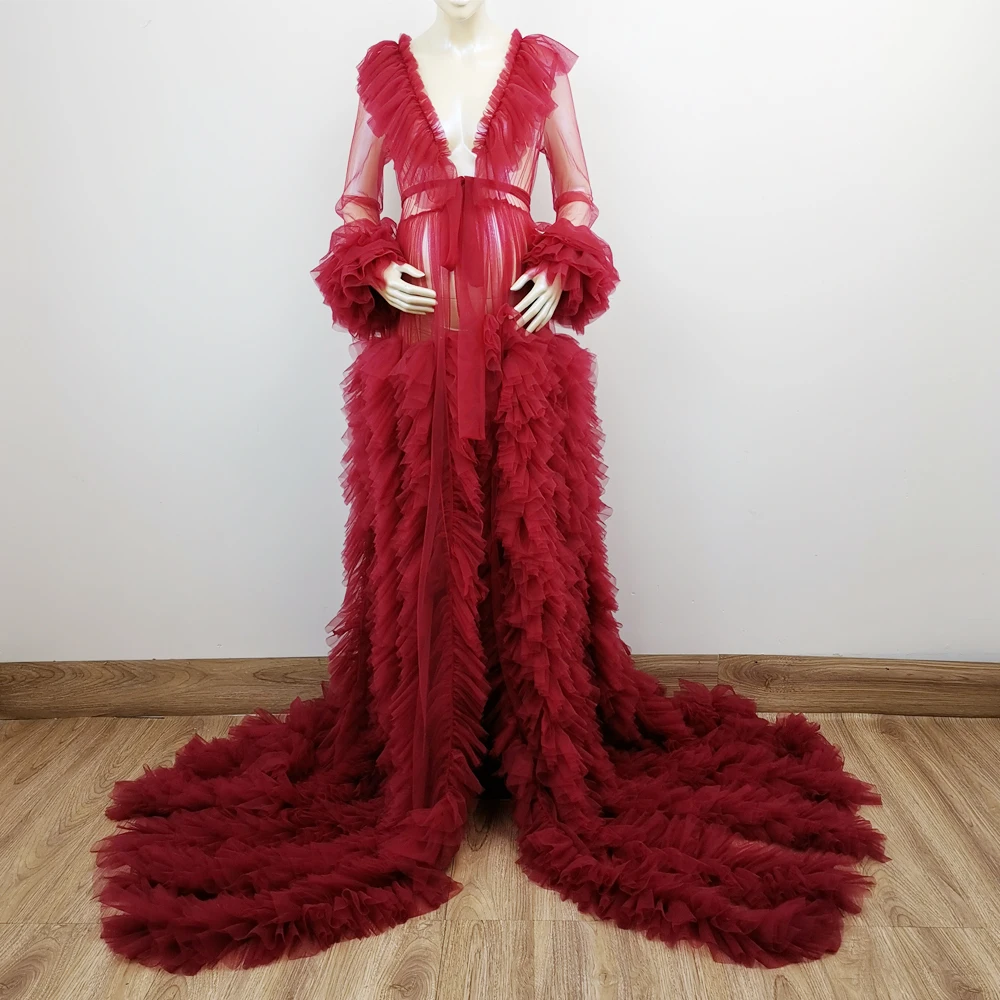 

Maternity Dress Long Sleeves Maxi Tulle Pregnancy Gown Party Evening Robe with Floral for Women Photo Shoot Baby Shower Gift