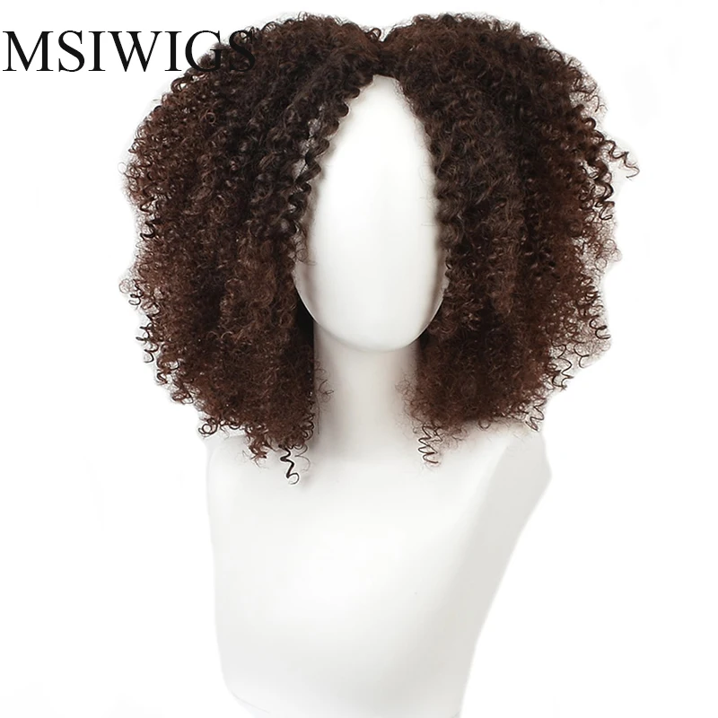 

MSIWIGS Ombre Brown Short Synthetic Curly Wigs for Women Afro Wig Black African American 14 Inches