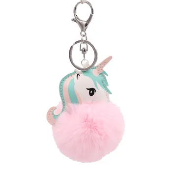 

Unicorn Keychain Rabbit Fur Ball Horse Key chain porte clef holder fluffy pompon Bag Car Key Ring For Women Accessories