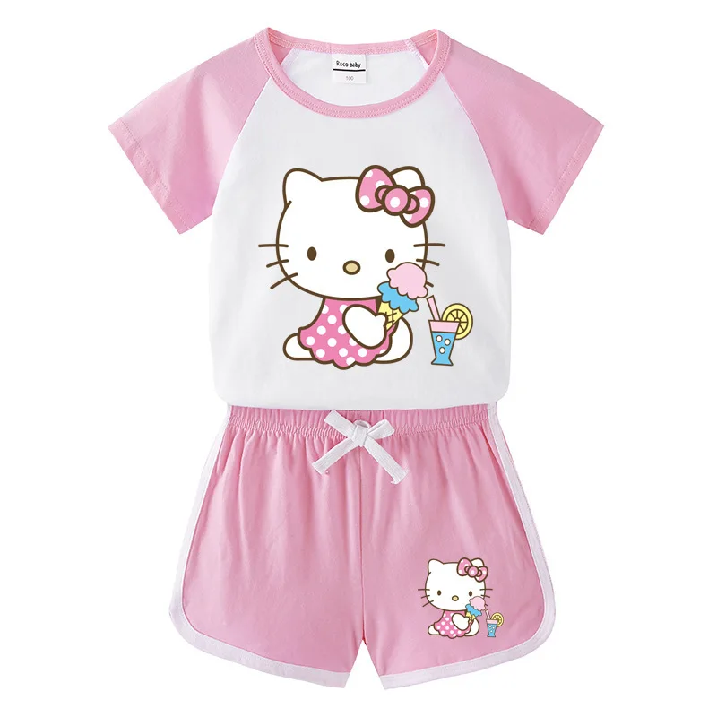 Hello Kitty-Camiseta de manga corta para niña, pantalones cortos deportivos informales, traje superior transpirable de algodón de dos piezas, novedad de verano, dibujos animados