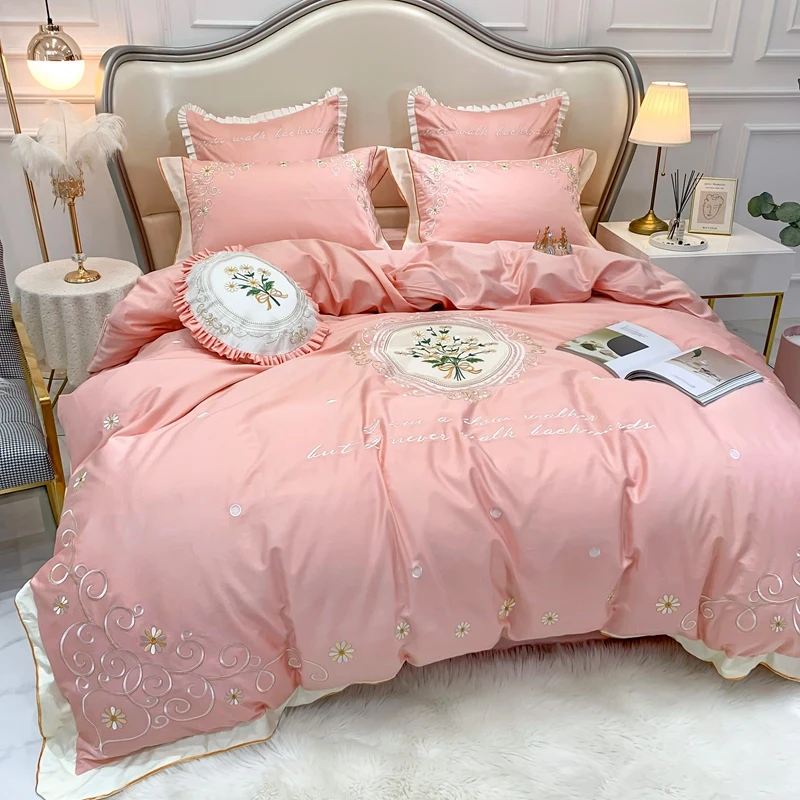 Pink Embroidery Flower Luxury Bedding Set Egyptian Cotton Queen