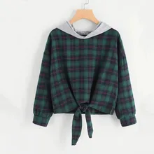 Модные женские повседневные свободные толстовки с капюшоном и длинными рукавами, короткий свитшот с принтом, топы с узлом, клетчатый принт, sudaderas