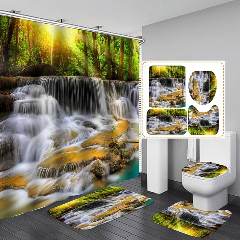 Waterfall Shower Curtain Bathroom Mat Toilet Lid Cover 3d Hooks Us Pedestal Rug 