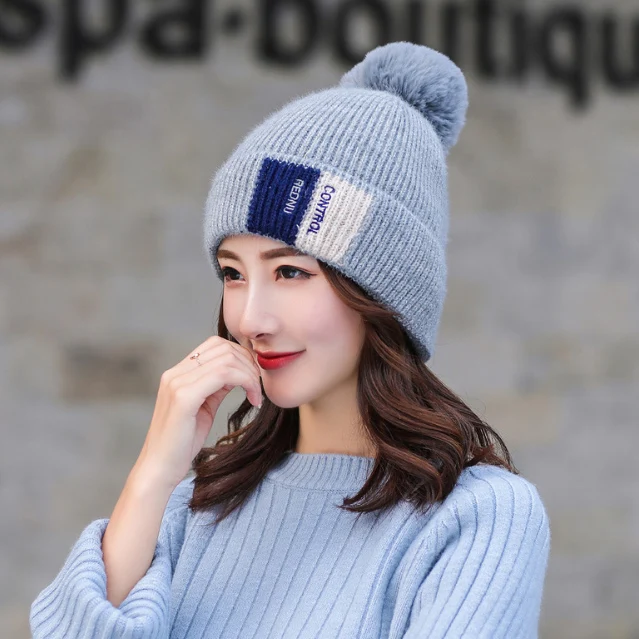 Новинка, зимние шапки для женщин, Skullies Beanies, женская зимняя вязаная шапка, шарф, шерстяная женская шапка, маска с помпоном, теплая шапка-ушанка - Цвет: Sky blue