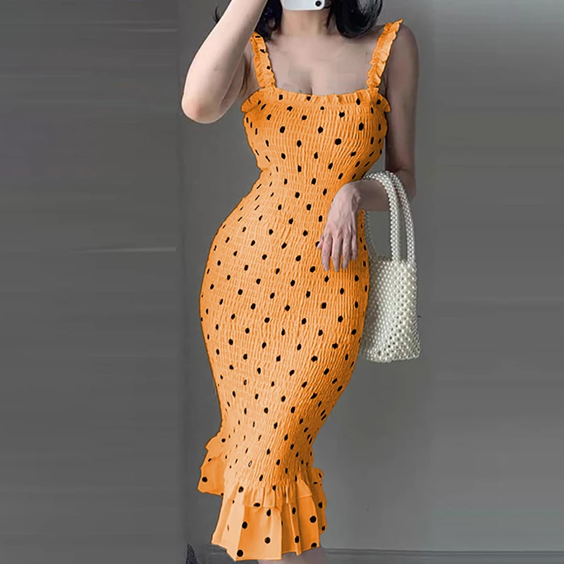 Women Fashion Polka Dots Print Bodycon Party Dress Chic Ruffled Hem Thick Strap Cocktail Party Midi Dress