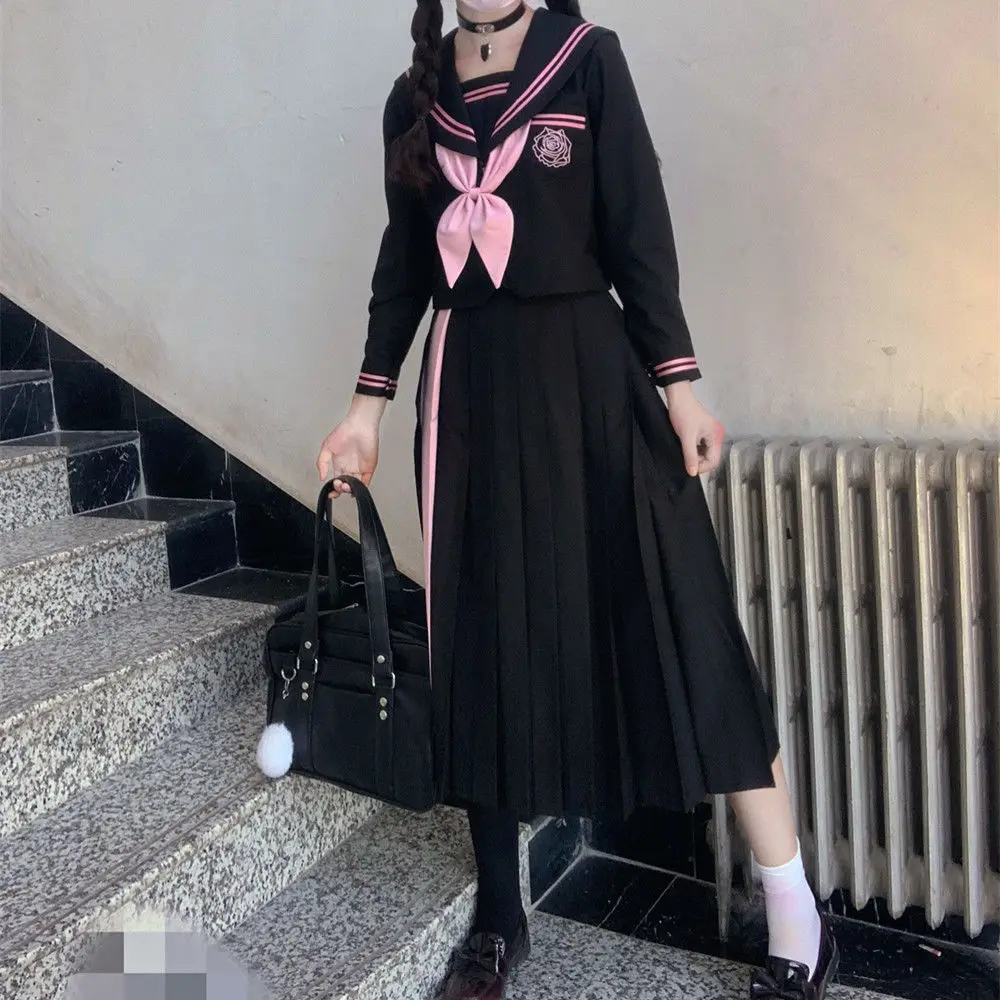 [devil\'s Tenderness] Diablo Jk Sailor Uniform Sets School Uniforms For Girls Embroidered Student Suit Long Sleeve Black Pink XL