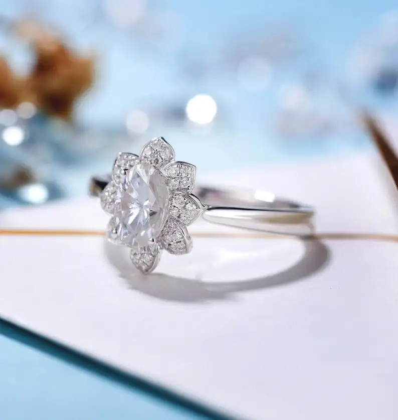 18k Белый Золотой центр 1ct 5*7 мм овальный вырез Moissanite Лотос образное обручальное