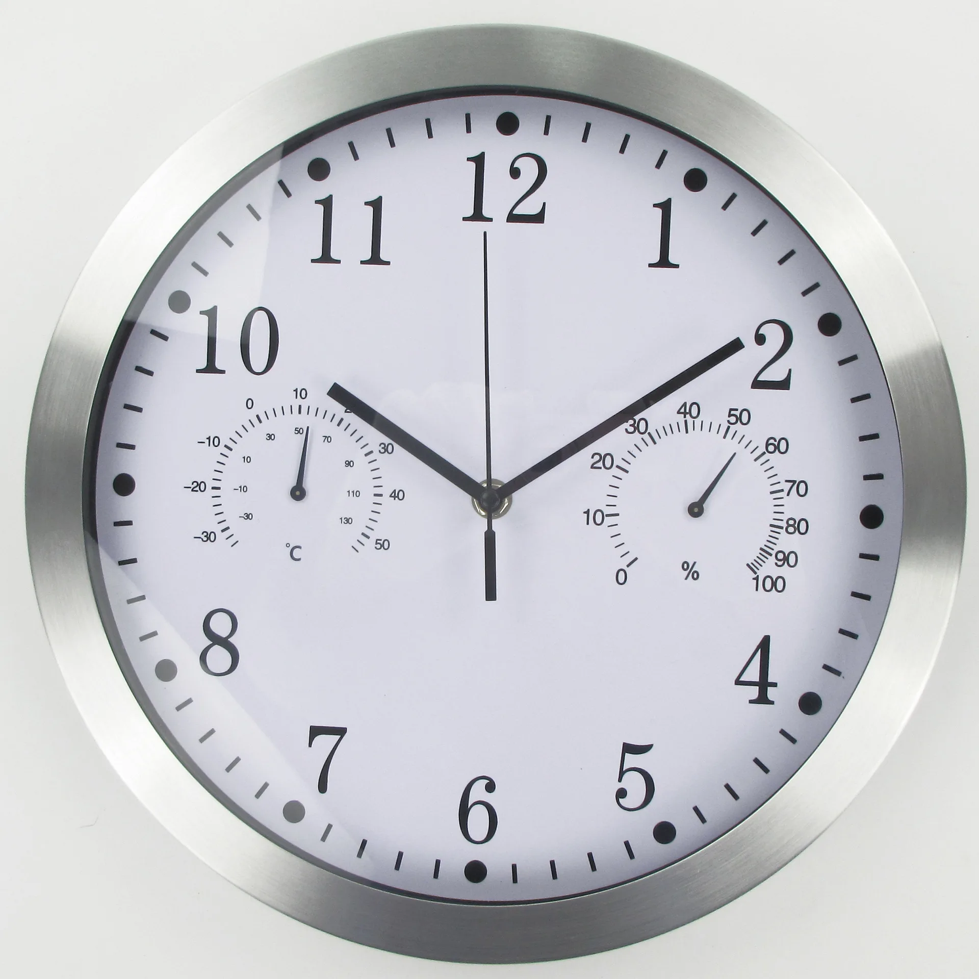 На данный момент оптом 12-дюймовые металлические настенные часы с гигротермограф Особенности Гостиная Спальня часы движение без звука