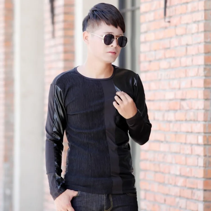 Fashion Brand New Korean Slim Fit Mens Pullover Tees Top Long Sleeve O-Neck Patchwork PU Leather Male Black T-Shirts Plus Size | Мужская