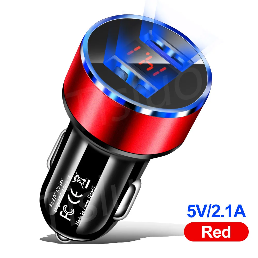 red Автомобильное зарядное устройство с двумя usb-портами, светодиодный дисплей, быстрое зарядное устройство для samsung S8, S9, Xiaomi, huawei, iPhone Xs, мини USB, автомобильное зарядное устройство - Тип штекера: red
