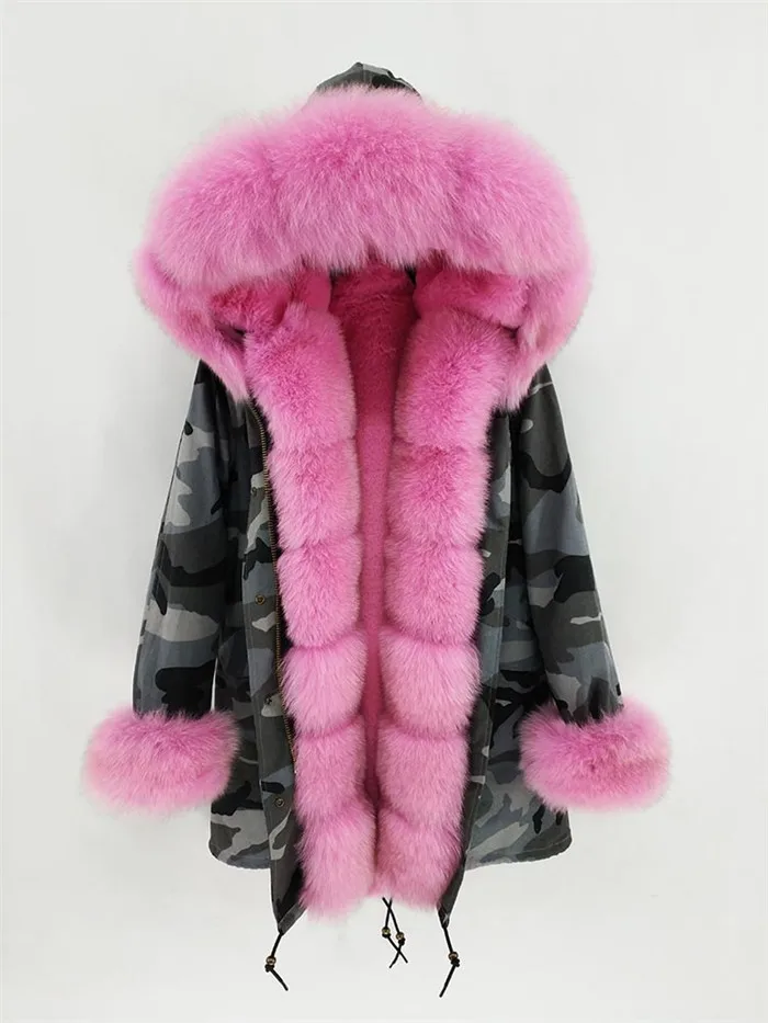 Pink liner 2 Женская зимняя парка, пальто, роскошный большой воротник из лисьего меха, толстые теплые парки с натуральным кроличьим мехом, верхняя одежда - Цвет: Pink liner 2
