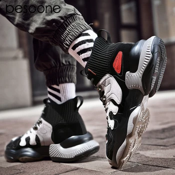 

BESCONE Fashoin Mens High Top Sneaker Breathable Mesh Outdoors Elastic Socks Mouth Casual Flats Daddy Shoes S957