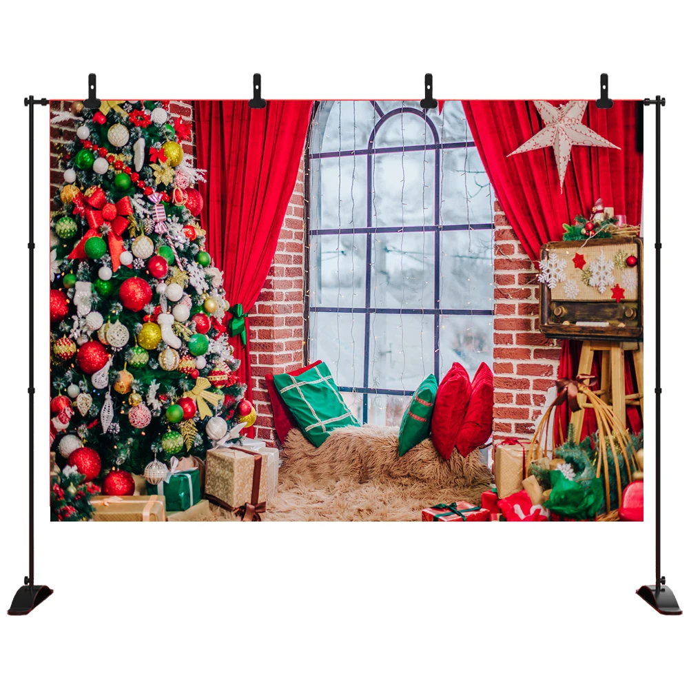 

Merry Christmas Photography Backdrop Red Curtain Christmas Tree in front of Window Vinyl Background for Party Photo Studio