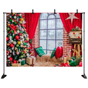 

Merry Christmas Photography Backdrop Red Curtain Christmas Tree in front of Window Vinyl Background for Party Photo Studio