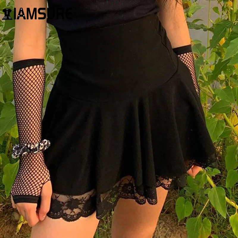 IAMSURE-Falda corta elástica de cintura alta para mujer, minifalda básica versátil con costuras de encaje, informal, Vintage, Harajuku, color negro, Y2k, 2020