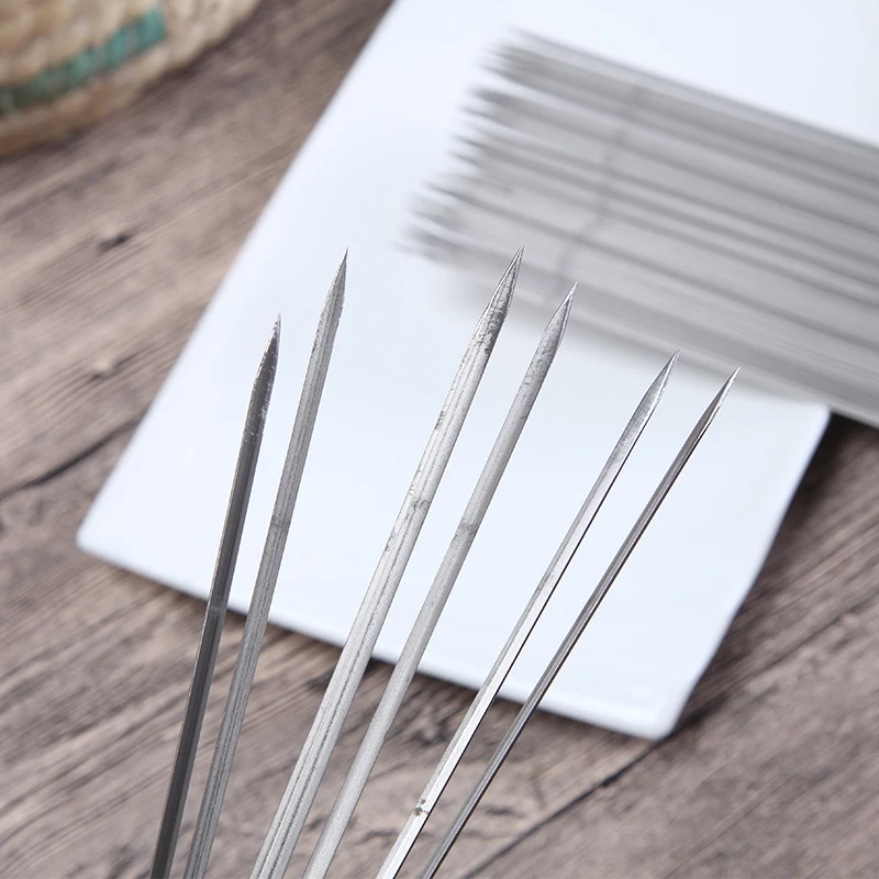 Long stainless steel barbecue stick mutton skewer BBQ grill roast meat tool iron flat needle 100pcs