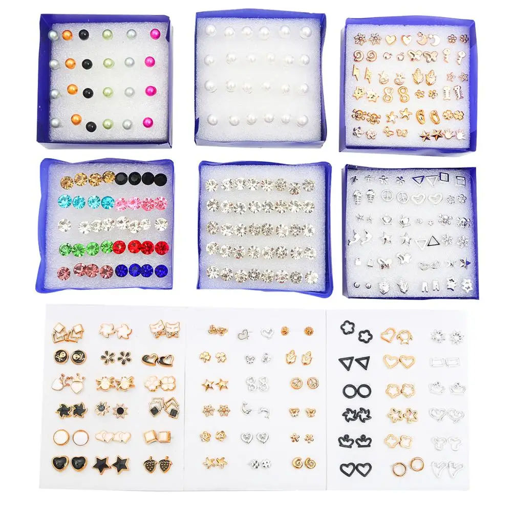 Multi-style Flower Star Simple Crystal Stud Earrings Set For Women Girls Geometric Plastic Small Earring Party Piercing Jewelry